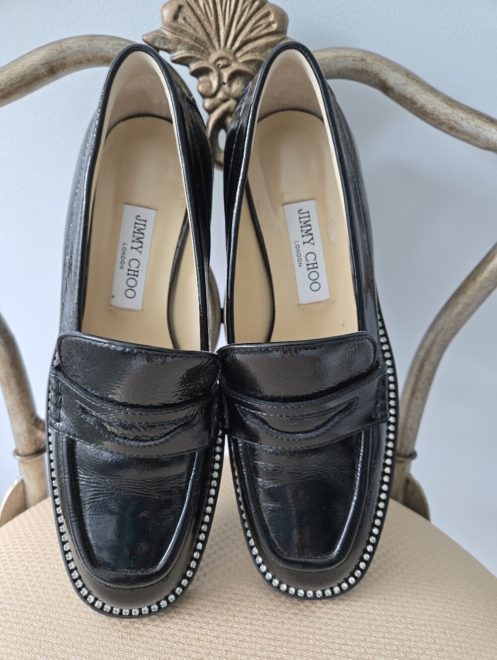 Jimmy Choo Black Patent Leather Crystal Embellishments Loafers, Size 39.5